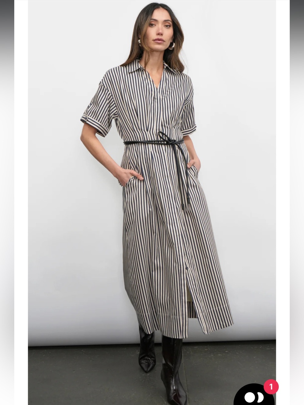 greylin vanisa navy blue cream stripe button front midi shirt dress small NEW - Picture 3 of 9